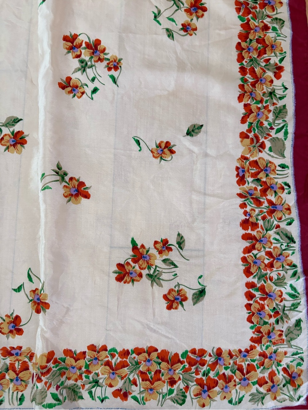 Vintage Echo Silk Scarf with Orange Floral Border